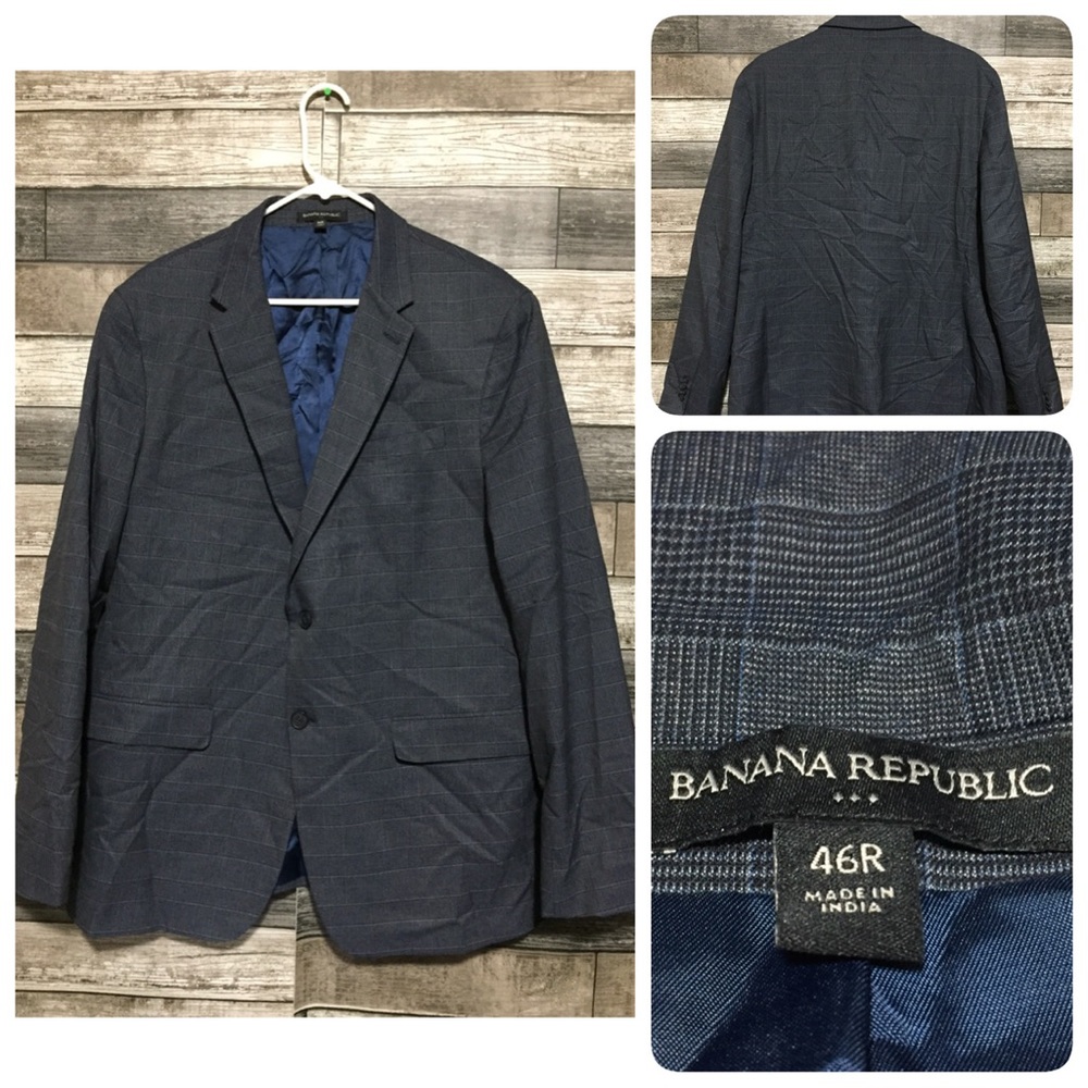 Banana Republic Slim Fit Plaid Blazer Men’s 46R Gray Blue 2 Button